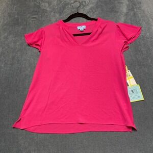 CeCe Garden Romance Crepe Blouse Top Women Medium V Neck Ruffle Sleeve Side Slit